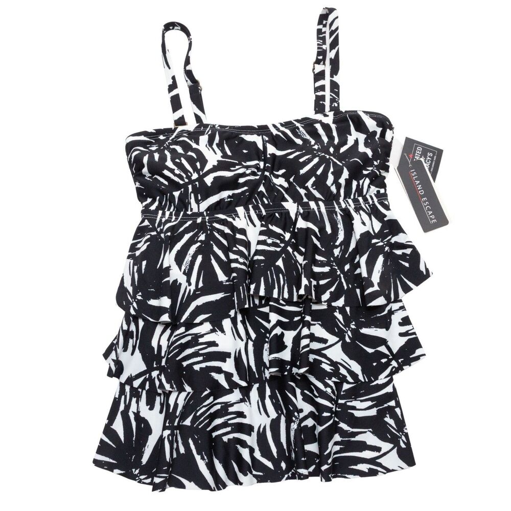 Island Escape Size 6 Macy's Women's Tankini Top  Black White Palm Ruffled Waist